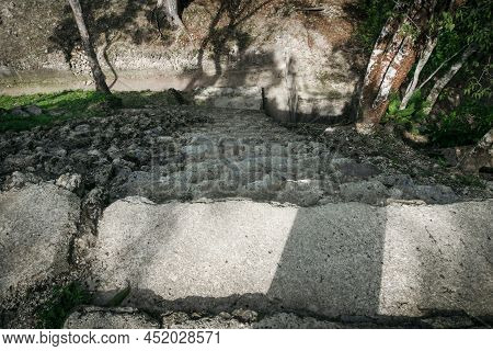 Steep Stone Stair Decline From The Pyramid Maya Ruins 'cahal Pech' In San Ignacio, Belize