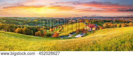 Breathtaking Vineyards Landscape In South Styria Near Gamlitz. Autumn Scene Of Grape Hills In Popula