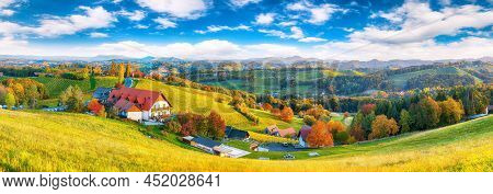 Breathtaking Vineyards Landscape In South Styria Near Gamlitz. Autumn Scene Of Grape Hills In Popula