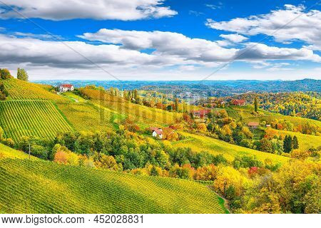 Splendid Vineyards Landscape In South Styria Near Gamlitz. Autumn Scene Of Grape Hills In Popular Tr