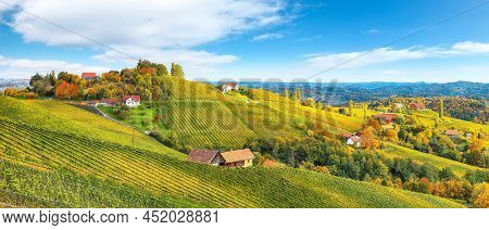 Stunning Vineyards Landscape In South Styria Near Gamlitz. Autumn Scene Of Grape Hills In Popular Tr