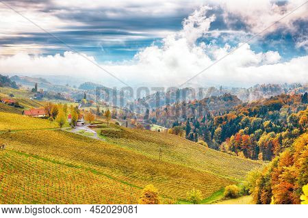 Breathtaking Vineyards Landscape In South Styria Near Gamlitz. Autumn Scene Of Grape Hills In Popula