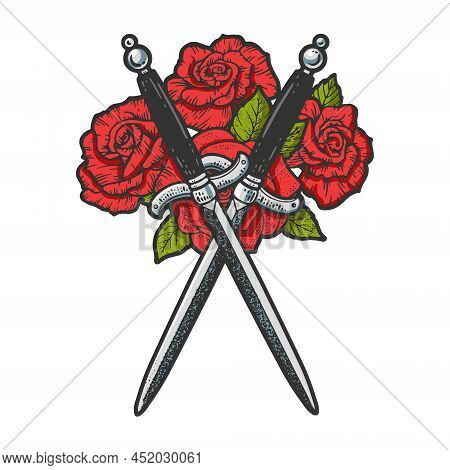 Stiletto Knife Dagger And Roses Tattoo Color Sketch Engraving Vector Illustration. T-shirt Apparel P