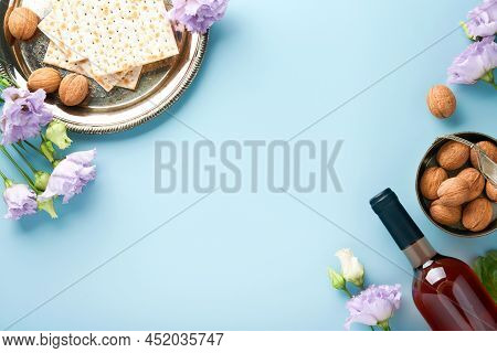 Pesach Jewish Holiday. Passover Celebration Concept. Matzah, Red Kosher Wine And Walnut. Traditional