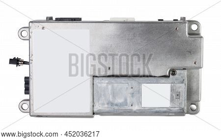 Metal Car Engine Control Unit With Metal Elements On A White Isolated Background Is The Connecting C