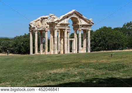 Geyre, Turkey - May 30, 2021: These Are The Ruins Of The Monumental Arch (tetrapilon) In Ancient Aph