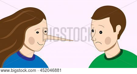 Liar Woman With Long Nose, Cheating On Partner Man. Dishonest Relations Concept Vector Illustration