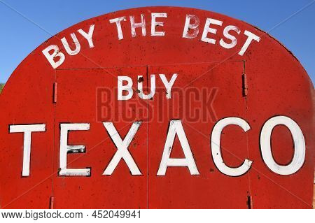 Rollag, Minnesota, Sept 4. 2021: The Old Texaco Sign And Tank Of A Fuel Truck Is Displayed At The We