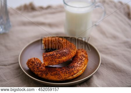 Traditional Turkish Bagel Pastry Simit , Gevrek And Fermented Beverage Ayran.
