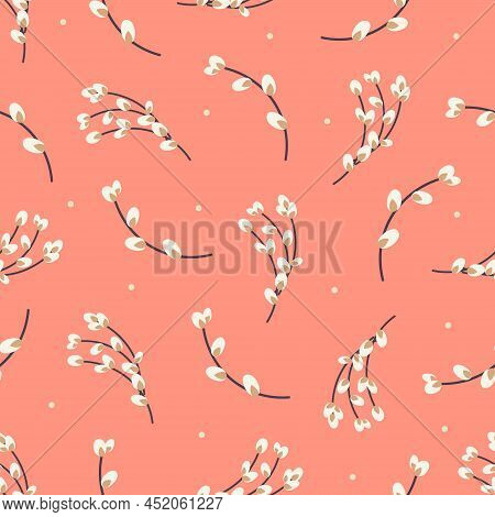 Willow Seamless Pattern. Easter Pattern With Willow Twigs On A Orange Background