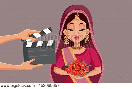 Indian Actress Filming Bollywood Production Vector Cartoon Illustration