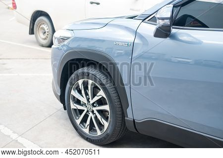 Bangkok, Thailand - April 1, 2022 : Close Up Of All-new Toyota Corolla Cross Car With 1.8 Litre Hybr