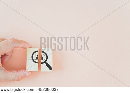 Hand Complete Magnifying Glass With Crop, People Inside Icon On Wood Cube With Pastel Background For