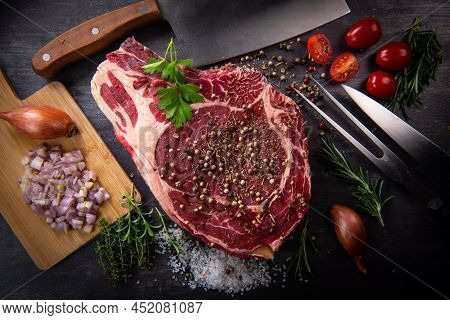 Raw T Bone Steak Entrecote Prepared To Grill, Entrecote, On Turntable, France