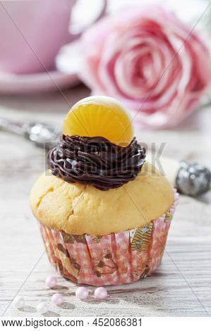 Sweet Festive Chocalate Cupcake With Pink Strawberry Top