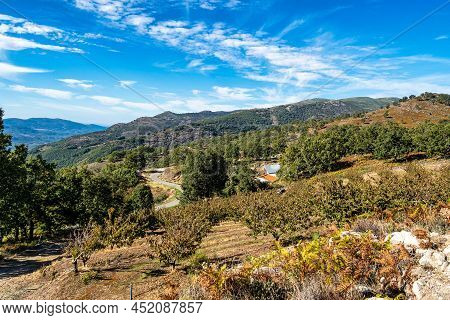 Landscape View With Mountains And Meadows In Puerto De Honduras, Extremadura, Spain.