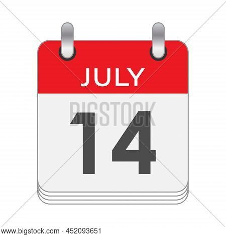 July 14. A Leaf Of The Flip Calendar With The Date Of July 14. Flat Style.