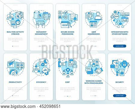 Online Workplace Blue Onboarding Mobile App Screen Set. Virtual Office Walkthrough 5 Steps Graphic I