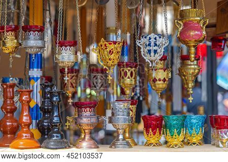 Vigil Oil Lamps Cresset Hanging Richly Decorated Orthodox Christianity Religion