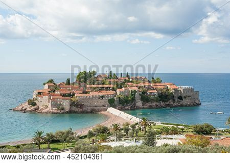 Sveti Stefan Island With A Promenade And Beaches For Branding, Calendar, Card, Screensaver, Wallpape