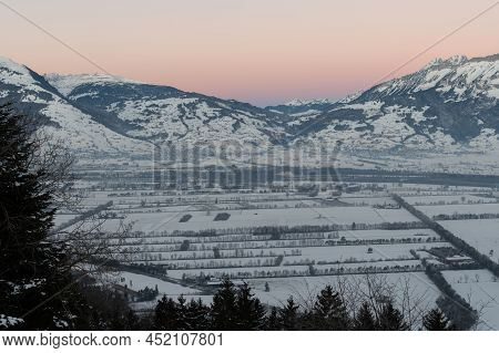 Planken, Liechtenstein, January 13, 2022 Terrific Swiss Mountain Panorama And The Rhine Valley In Th