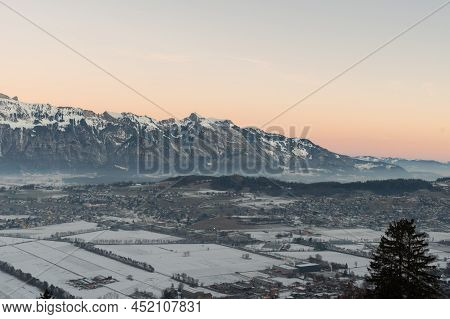 Planken, Liechtenstein, January 13, 2022 Terrific Swiss Mountain Panorama And The Rhine Valley In Th
