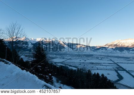 Planken, Liechtenstein, January 13, 2022 Terrific Swiss Mountain Panorama And The Rhine Valley In Th