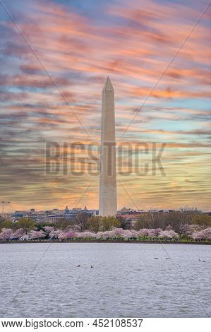The Majestic Washington Monument Seen On A Sunrise