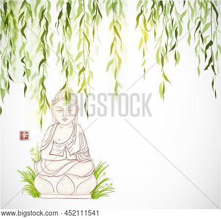 Buddha Statue Under The Green Willow Tree On White Background. Hieroglyph - Happiness. Traditional O
