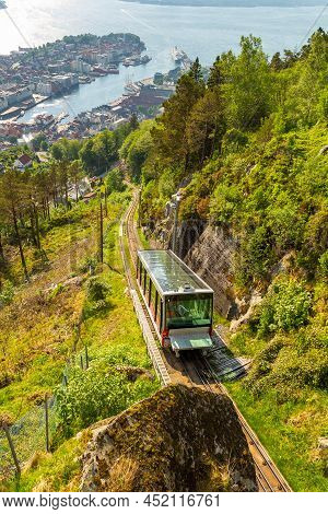 Bergen, Norway - 28 May 2018: The Floibanen Is A Funicular Railway In The Norwegian City Of Bergen I