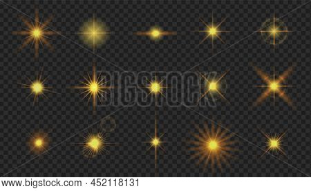 Flash Camera Light Effect. Realistic Twinkle Stars. Glow Shine Element Set