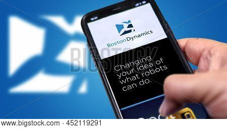 Waltham, Ma, Usa March 2022: Boston Dynamics Company's Website On A Phone Screen. Blue Background Wi