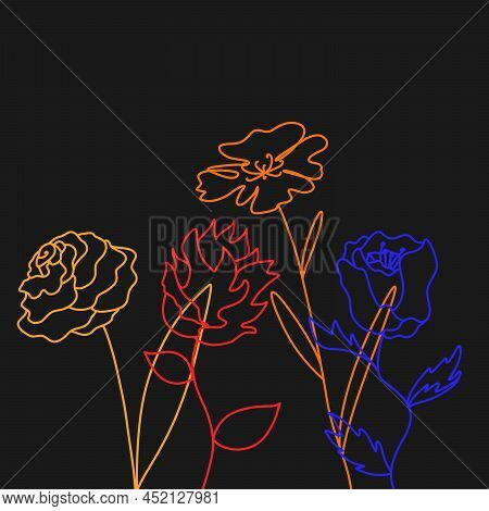 Pattern Of Modern Line Silhouette Of Flowers With Neon Colours On The Black Background.