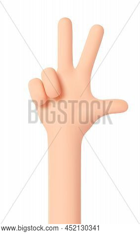 Counting On Fingers. Hand Gesture Number Three. The Thumb, Index And Middle Fingers Are Unclenched A