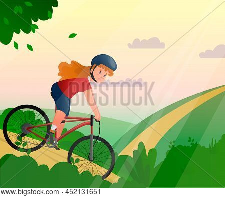 Vector Illustration With Young Woman Who Rides Along Path From Slope Against Background Of Nature, F