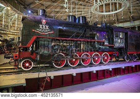 Saint Petersburg, Russia - January 12, 2022: Soviet Mainline Freight Steam Locomotive Of The So Seri