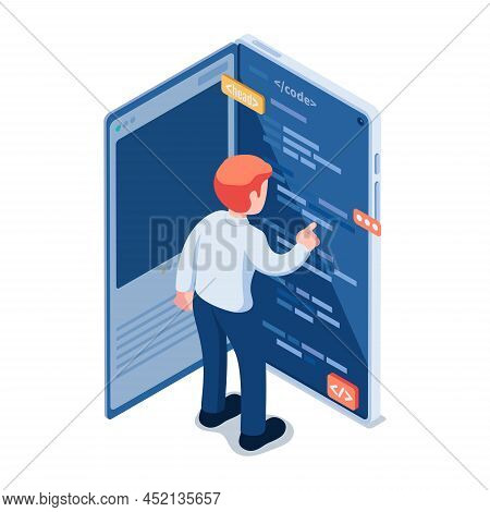 Flat 3d Isometric Businessman Editing Code Behind Social Media. Backend Developer Concept