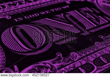 American Paper Money. 1 Us Dollar Bill. Word One Close-up. Dark Purple Inverted Background Or Wallpa