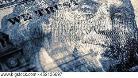 American Paper Money. 100 Dollar Bill With Portrait Of Benjamin Franklin In Focus. Us Banknote Close