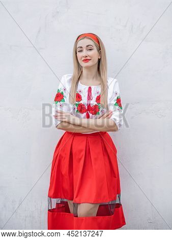 European Folk Fashionable Woman In Embroidery Traditional Shirt. Concept Of National Costume