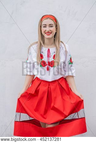 European Folk Fashionable Woman In Embroidery Traditional Shirt. Concept Of National Costume