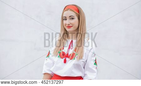European Folk Fashionable Woman In Embroidery Traditional Shirt. Concept Of National Costume