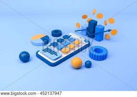Phone Screen With Widget And Search Field On Light Blue Background. Growing Graphs With Coins, Gears