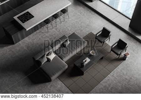 Top View On Dark Studio Room Interior With Panoramic Window, Sofa, Armchairs, Island With Barstools,