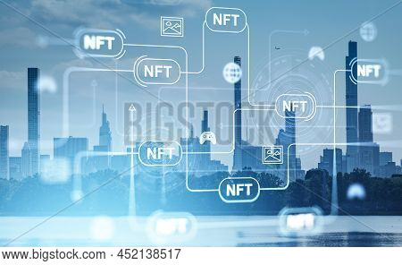 New York City Skyscrapers Financial Downtown And Digital Interface With Non-fungible Token Network. 