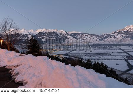 Planken, Liechtenstein, January 13, 2022 Terrific Swiss Mountain Panorama And The Rhine Valley In Th