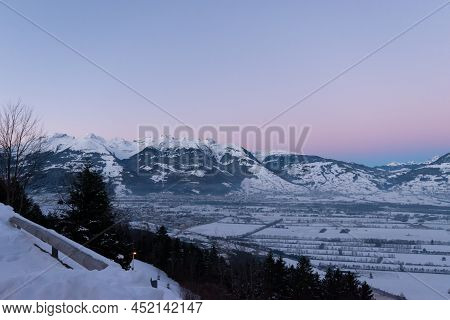 Planken, Liechtenstein, January 13, 2022 Terrific Swiss Mountain Panorama And The Rhine Valley In Th