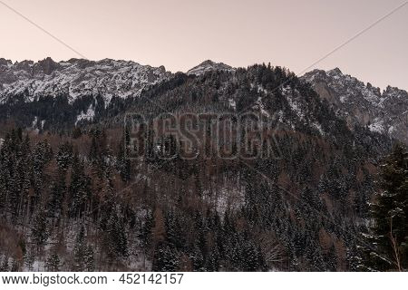 Planken, Liechtenstein, January 13, 2022 Snow Covered Mountain Peak In The Early Morning
