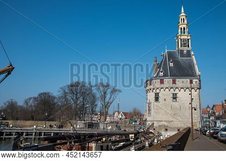 Hoorn, Netherlands, March 2022. The Historic Defense Tower At The Harbor Entrance Of Hoorn.