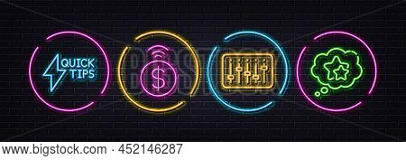 Contactless Payment, Dj Controller And Quickstart Guide Minimal Line Icons. Neon Laser 3d Lights. Ra